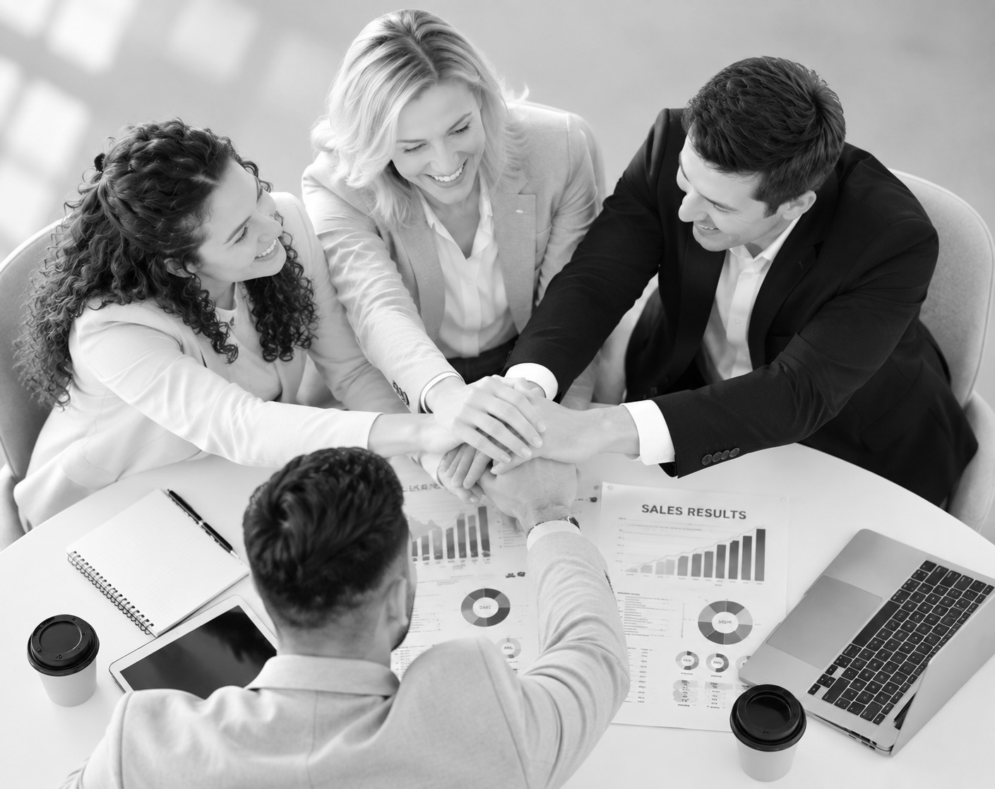 Team members stacking their hands over a table